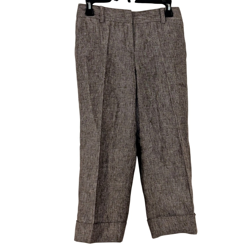 Ann Taylor Brown 100% Linen Cuffed Straight Leg Crop Trousers Womens Size 0